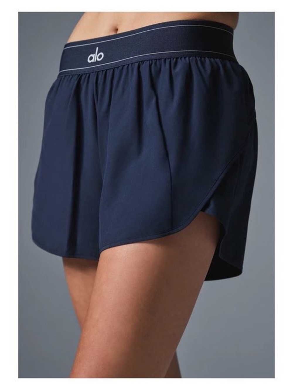 ALO Yoga Navy Athletic Running Shorts with Logo Waistband